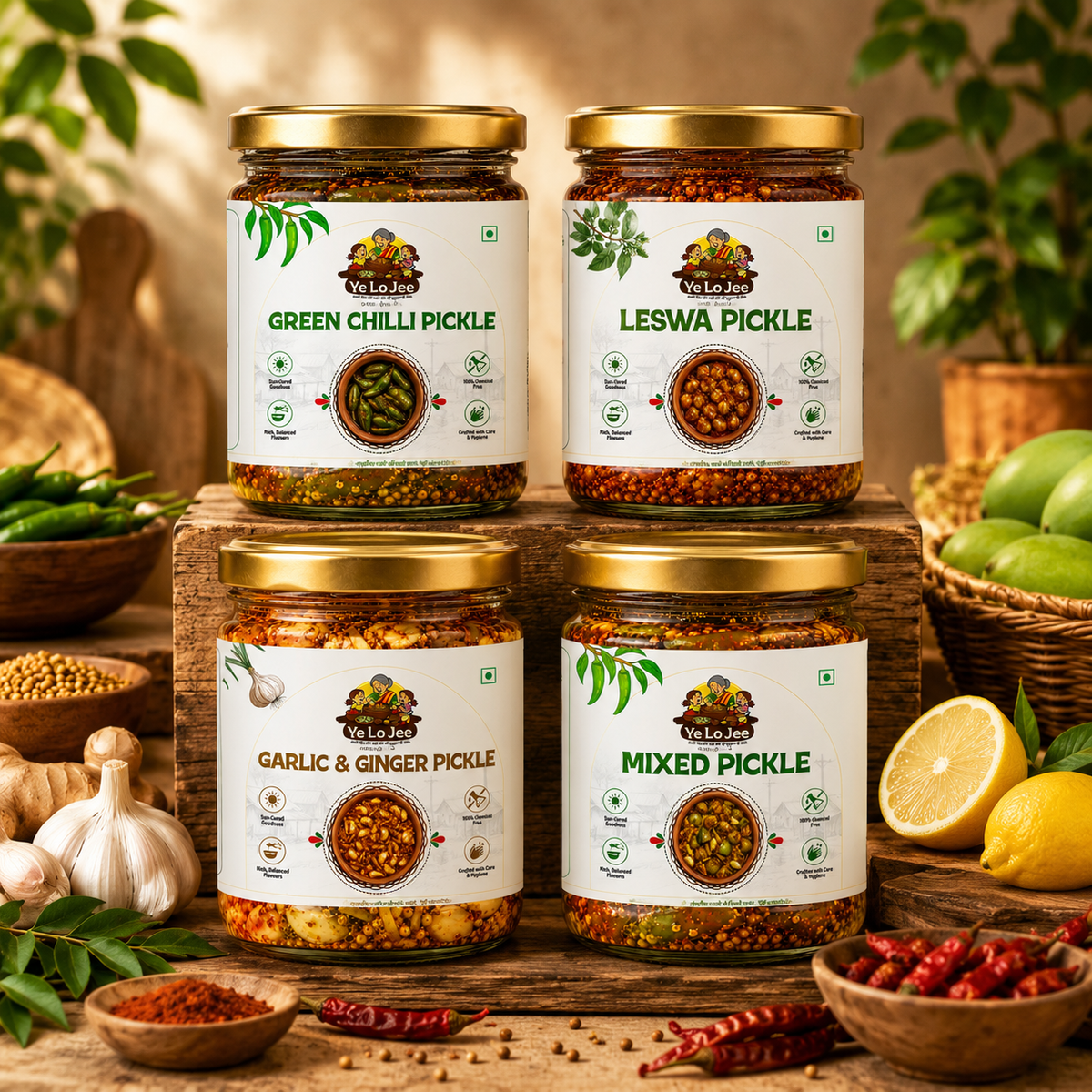 Green Chilli, Laswa, Garlic & Ginger, Mixed Pickles Combo